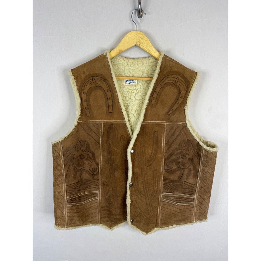 Vintage Western Tooled Leather Horse Vest Brown Suede Faux Shearling Mens L
